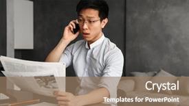  Presentation with asian - PPT theme featuring talking by phone reading newspaper background and a coral colored foreground
