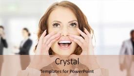  Presentation with secret - Presentation design featuring talking heads - beautiful businesswoman whispering a secret background and a coral colored foreground