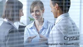  Presentation with talking heads - Audience pleasing slide set consisting of talking heads - business people conversing in office backdrop and a light blue colored foreground