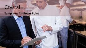  Presentation with work anniversary restaurant catering services - Presentation theme with talking heads - male restaurant manager writing background and a coral colored foreground