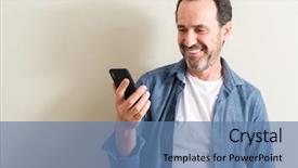  Presentation with happy sad mask face - Cool new presentation theme with talking heads - senior man using smartphone backdrop and a teal colored foreground