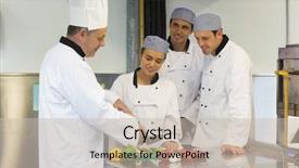  Presentation with teaching - Slide set consisting of talking heads - smiling head chef teaching how background and a soft green colored foreground