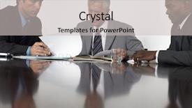  Presentation with talking heads - Colorful PPT theme enhanced with talking heads - three businessmen in conference meeting backdrop and a light gray colored foreground