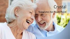  Presentation with assisted living - Beautiful slides featuring retired couple sitting on bench and talking in assisted living facility backdrop and a coral colored foreground