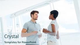  Presentation with young business people - PPT theme with talking in office during coffee background and a  colored foreground