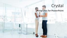  Presentation with two people talking - Audience pleasing slide deck consisting of talking in office during coffee backdrop and a sky blue colored foreground