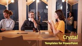  Presentation with canteen - Cool new slides with talking in their office canteen backdrop and a tawny brown colored foreground