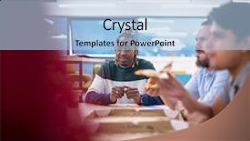  Presentation with staff meeting - Slide deck featuring talking laughing on lunch time background and a  colored foreground