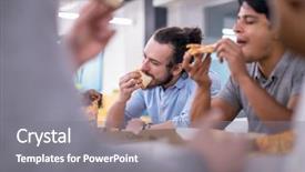  Presentation with staff meeting - Beautiful presentation design featuring talking laughing on lunch time backdrop and a  colored foreground