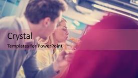  Presentation with business group meeting - Presentation theme with talking laughing on lunch time background and a  colored foreground