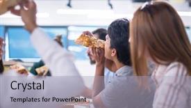  Presentation with staff meeting - Presentation design consisting of talking laughing on lunch time background and a  colored foreground