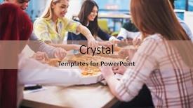  Presentation with staff meeting - Beautiful PPT theme featuring talking laughing on lunch time backdrop and a  colored foreground