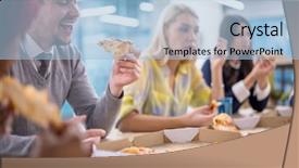  Presentation with staff meeting - Slide deck enhanced with talking laughing on lunch time background and a  colored foreground