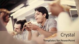  Presentation with business group meeting - Slide deck having talking laughing on lunch time background and a  colored foreground