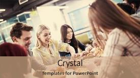  Presentation with staff meeting - Amazing slide set having talking laughing on lunch time backdrop and a coral colored foreground