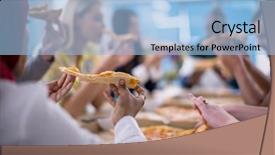  Presentation with staff meeting - Colorful slide set enhanced with talking laughing on lunch time backdrop and a light blue colored foreground