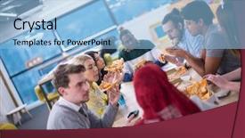  Presentation with staff meeting - Slide deck consisting of talking laughing on lunch time background and a light blue colored foreground