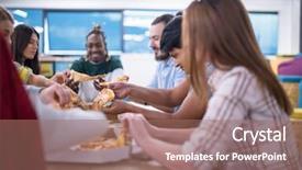  Presentation with staff meeting - PPT layouts enhanced with talking laughing on lunch time background and a coral colored foreground