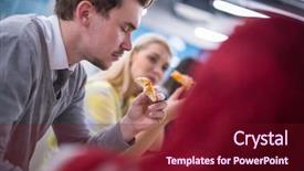  Presentation with staff meeting - Amazing slides having talking laughing on lunch time backdrop and a wine colored foreground