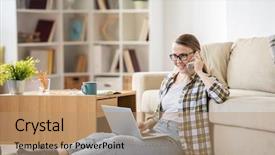  Presentation with living room - Audience pleasing presentation design consisting of talking on cellphone at home backdrop and a  colored foreground