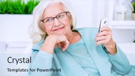  Presentation with happy retirement - Colorful presentation design enhanced with talking on her cell phone backdrop and a light blue colored foreground