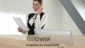  Presentation with receptionist - Slides enhanced with talking on phone in hotel background and a coral colored foreground