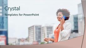  Presentation with young business people - Beautiful PPT theme featuring talking phone - business communication technology and people backdrop and a sky blue colored foreground