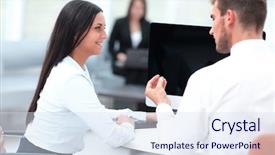  Presentation with successful - Slides featuring talking sitting behind a desk background and a sky blue colored foreground