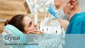  Presentation with young man and a woman - Amazing PPT layouts having talking to dentist before oral backdrop and a  colored foreground