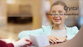  Presentation with receptionist - PPT theme featuring talking to receptionist in hotel background and a coral colored foreground