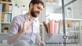  Presentation with hand saving someone - Cool new presentation theme with talking to someone through video backdrop and a light gray colored foreground