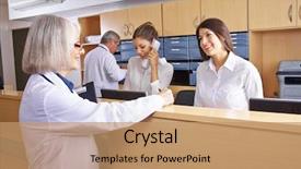  Presentation with receptionist - Colorful presentation design enhanced with talking with receptionist at hospital backdrop and a coral colored foreground