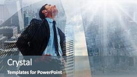  Presentation with cheerful - Audience pleasing slide set consisting of tall buildings - cheerful businessman with hands backdrop and a ocean colored foreground