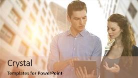  Presentation with abstract digital business interface - Colorful PPT theme enhanced with tall person - concentrated business people using backdrop and a coral colored foreground