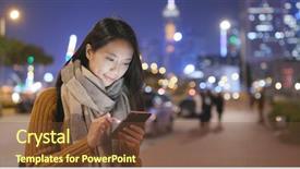  Presentation with tall - Audience pleasing slide set consisting of tall person - woman working on cellphone backdrop and a tawny brown colored foreground