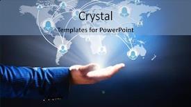  Presentation with artificial neural network structure fragment - Amazing presentation design having talleres - hand with social network structure backdrop and a  colored foreground