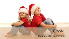  Presentation with christmas kids - Presentation design enhanced with talleres - happy laughing christmas kids sitting background and a  colored foreground