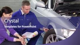  Presentation with garage car - Slide set enhanced with talleres - mechanic touching the car wheel background and a ocean colored foreground