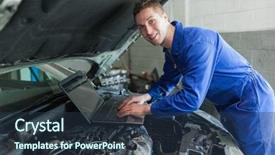  Presentation with auto - Presentation theme having talleres - portrait of happy male auto background and a  colored foreground