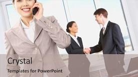  Presentation with conference phone calls - Theme with talleres - portrait of happy woman calling background and a light gray colored foreground