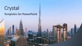  Presentation with dubai - Audience pleasing PPT theme consisting of tallest buildings - dubai sunset panoramic view backdrop and a light blue colored foreground