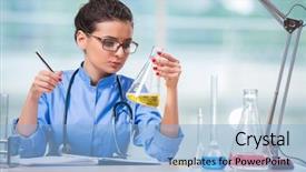  Presentation with laboratory chemical - Slide deck consisting of tamal - woman doctor doing chemical tests background and a  colored foreground