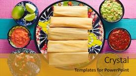  Presentation with sauces - Colorful slide set enhanced with tamale with corn leaf backdrop and a gold colored foreground