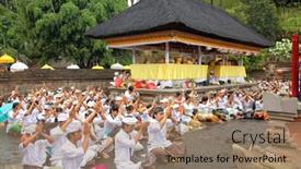  Presentation with spring holy water - Slide set consisting of tampak-siring-bali-indonesia-october background and a coral colored foreground