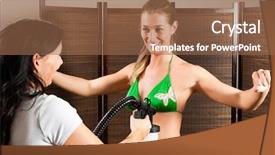  Presentation with beautician - Audience pleasing slides consisting of tan - beautician with airbrush-pistol and client backdrop and a coral colored foreground