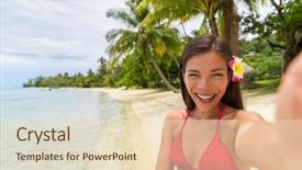  Presentation with holiday destination - Theme consisting of tan red - beach vacation selfie bikini woman background and a lemonade colored foreground