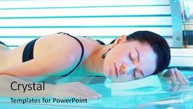  Presentation with tan - Colorful presentation enhanced with tan salon - beautiful young woman tanning backdrop and a light blue colored foreground
