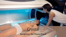  Presentation with employee - Audience pleasing theme consisting of tan salon - girl employee in a solarium backdrop and a  colored foreground