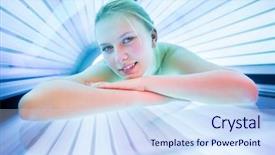  Presentation with flexible skin electronics - Audience pleasing presentation design consisting of tan salon - pretty young woman tanning her backdrop and a sky blue colored foreground