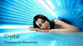  Presentation with burn skin - Presentation design with tan salon - young woman having tanning skin background and a arctic colored foreground
